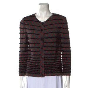St John Knit Cardigan Holiday Red Black Striped Metallic Polka Dot Medium